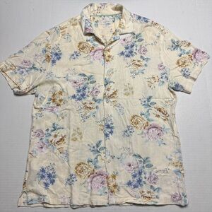 PORTER & ASH Linen Blend Short Sleeve Floral Print Hawaiian Camp Collar Shirt